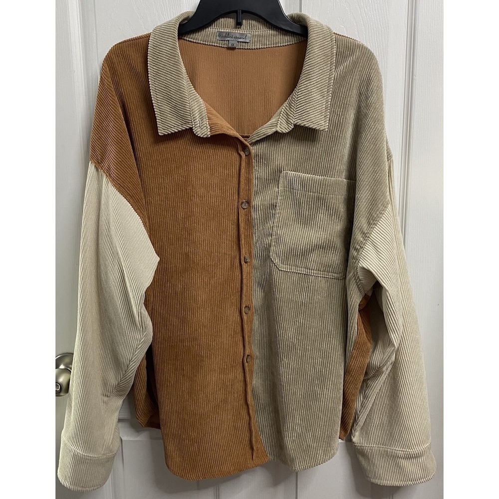 Wishlist Women Kenny Corduroy Brown&Tan Colorblock Shacket Button-up Jacket 1 XL